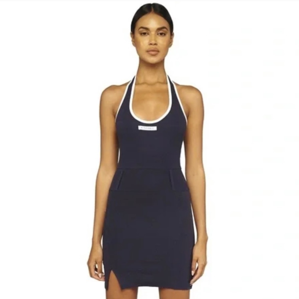 My Mum Made It White Stripe Rib Halter Dress - NAVY - M-L